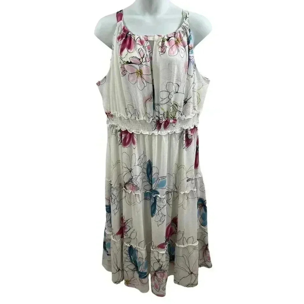 Lane Bryant Womens Plus 26/28 White Floral Midi Dress Smocked Waist Tie Neck NEW